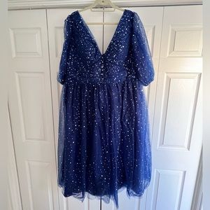 Xijun Women’s Sparkle Starry Tulle Puffy Sleeve Dress Formal Evening Gown